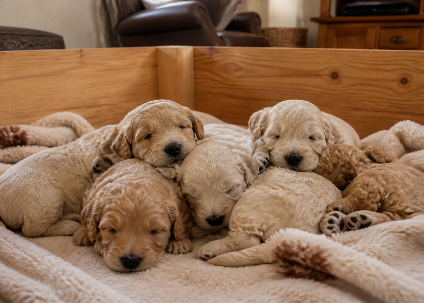 A litter of cream and apricot Goldendoodle puppies napping on soft blankets