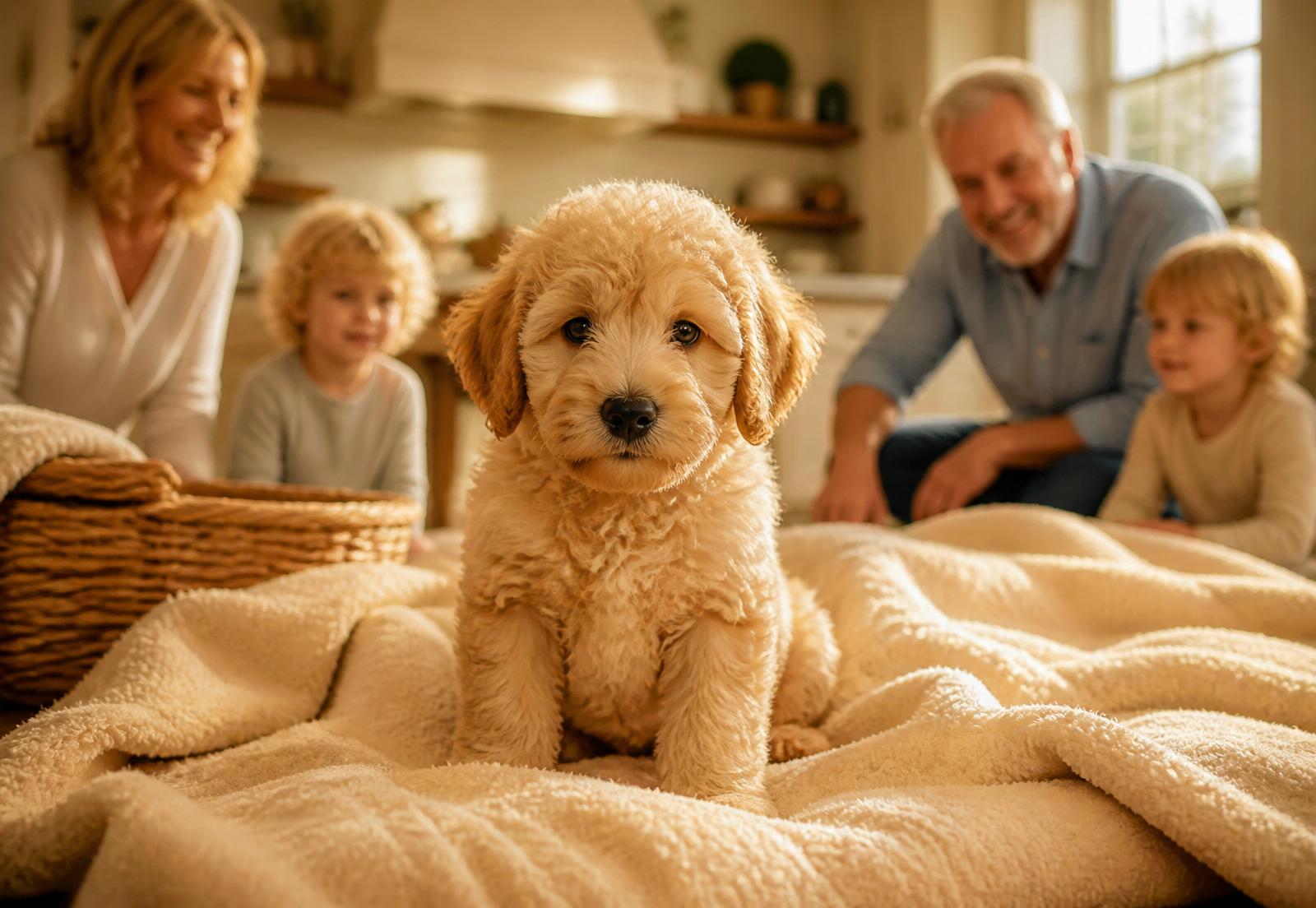 Cream multi-generational Goldendoodle puppy sitting on a blanket in a family kitchen